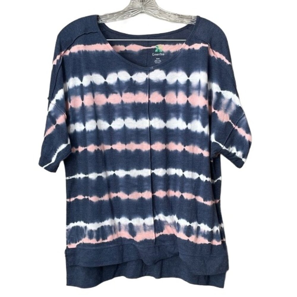 GreenTea Women's Medium Short Sleeve Tie-Dye Top - Navy and Pink